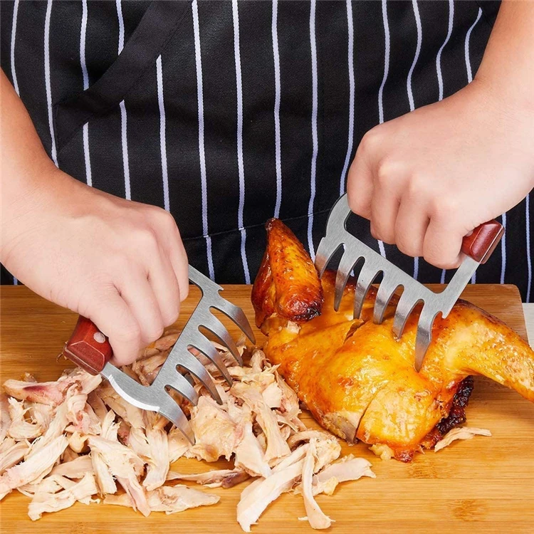 LMETJMA Bear Claws Stainless Steel BBQ Meat Shredder Claws with Wooden Handle Bottle Opener Turkey Chicken Claws KC0423