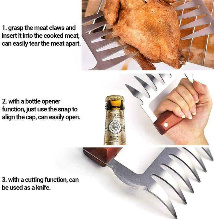 LMETJMA Bear Claws Stainless Steel BBQ Meat Shredder Claws with Wooden Handle Bottle Opener Turkey Chicken Claws KC0423