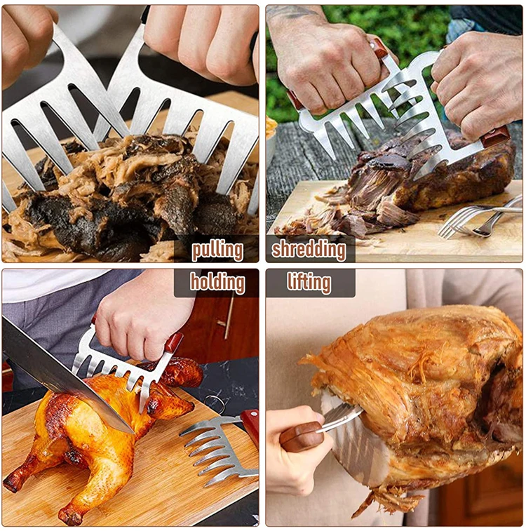LMETJMA Bear Claws Stainless Steel BBQ Meat Shredder Claws with Wooden Handle Bottle Opener Turkey Chicken Claws KC0423