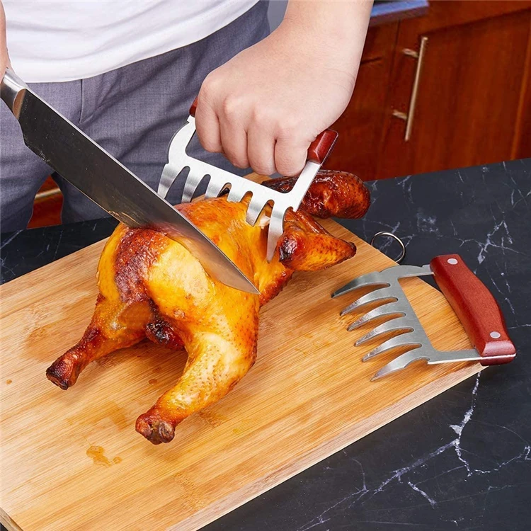 LMETJMA Bear Claws Stainless Steel BBQ Meat Shredder Claws with Wooden Handle Bottle Opener Turkey Chicken Claws KC0423