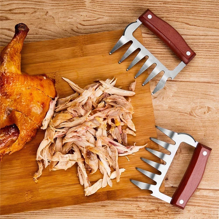 LMETJMA Bear Claws Stainless Steel BBQ Meat Shredder Claws with Wooden Handle Bottle Opener Turkey Chicken Claws KC0423