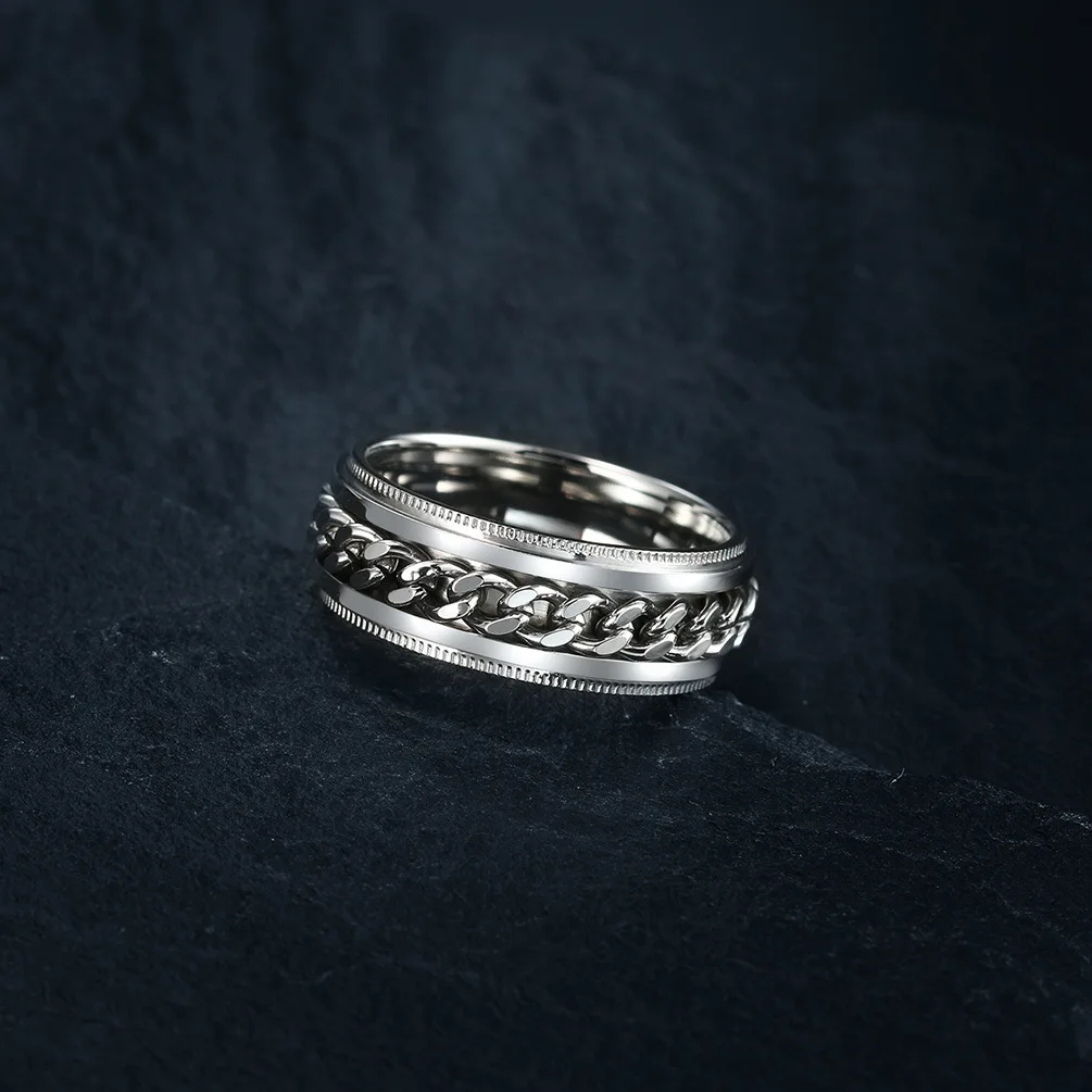 Cool Anti Stress Rotate Freely Chain Rings For Men Stainless Steel Anti Anxiety Relaxing Ring Fidget Metal Spinner Anillo Hombre