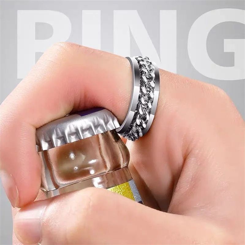 Cool Anti Stress Rotate Freely Chain Rings For Men Stainless Steel Anti Anxiety Relaxing Ring Fidget Metal Spinner Anillo Hombre