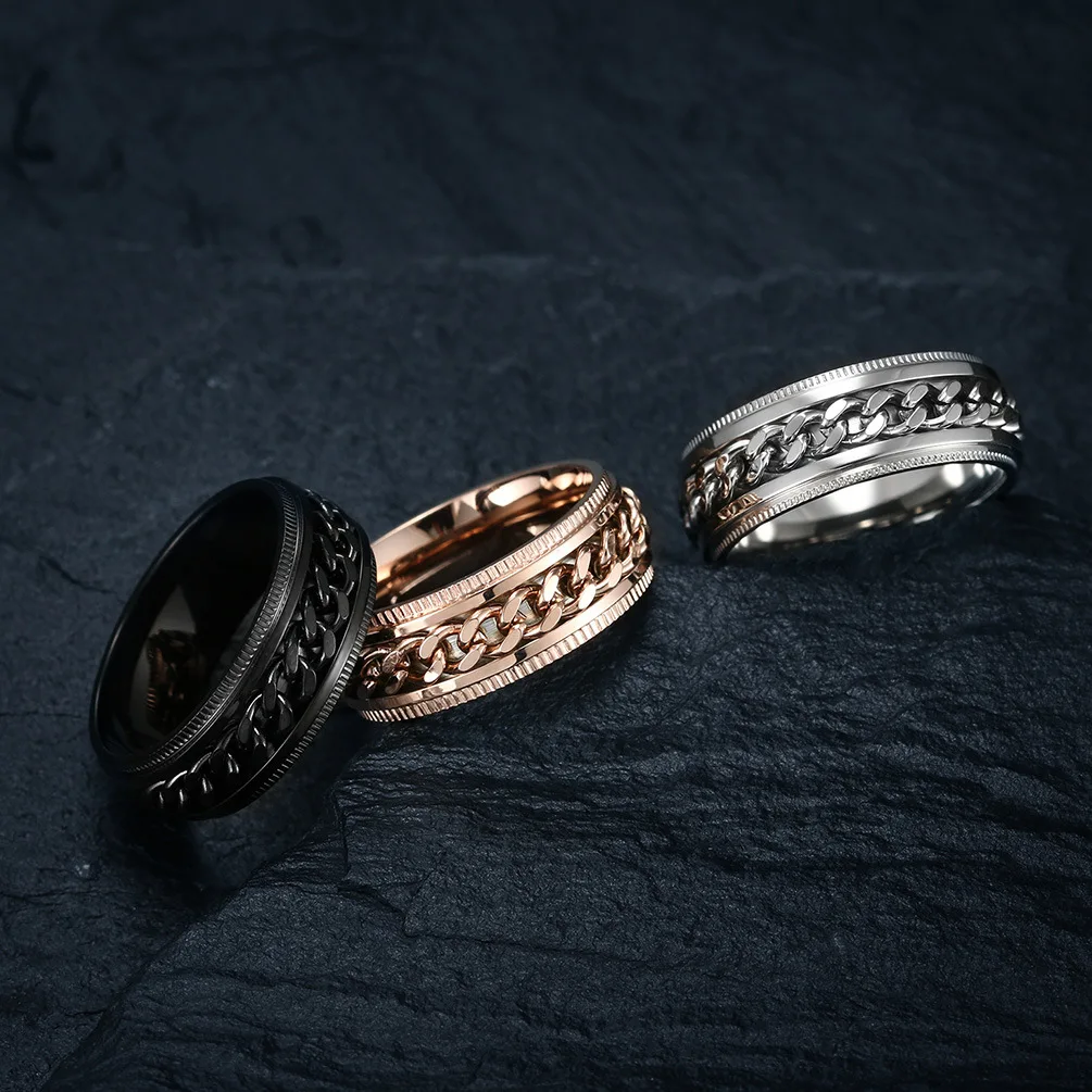Cool Anti Stress Rotate Freely Chain Rings For Men Stainless Steel Anti Anxiety Relaxing Ring Fidget Metal Spinner Anillo Hombre