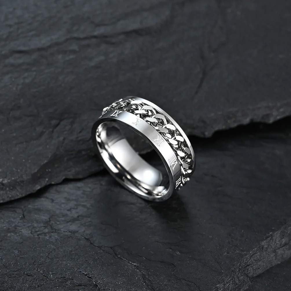 Cool Anti Stress Rotate Freely Chain Rings For Men Stainless Steel Anti Anxiety Relaxing Ring Fidget Metal Spinner Anillo Hombre