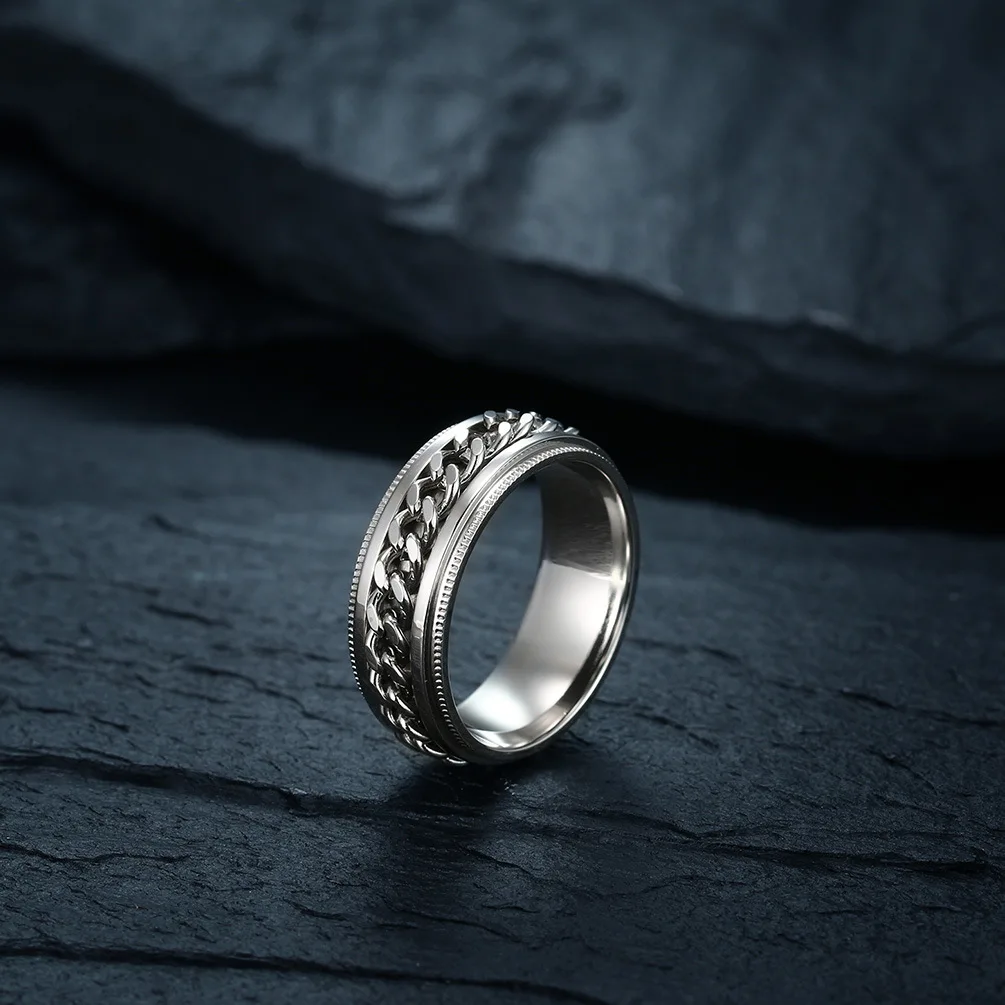 Cool Anti Stress Rotate Freely Chain Rings For Men Stainless Steel Anti Anxiety Relaxing Ring Fidget Metal Spinner Anillo Hombre