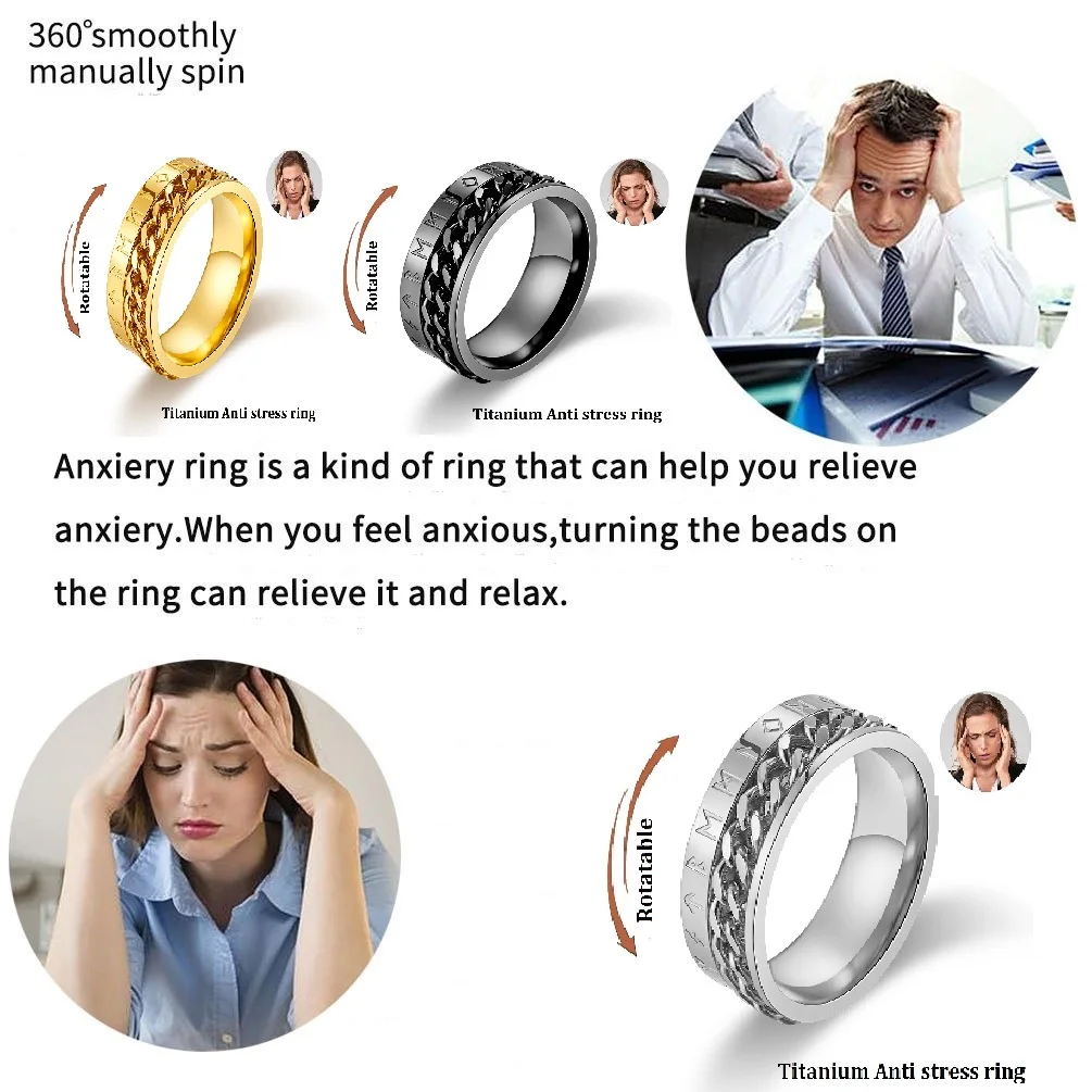 Cool Anti Stress Rotate Freely Chain Rings For Men Stainless Steel Anti Anxiety Relaxing Ring Fidget Metal Spinner Anillo Hombre