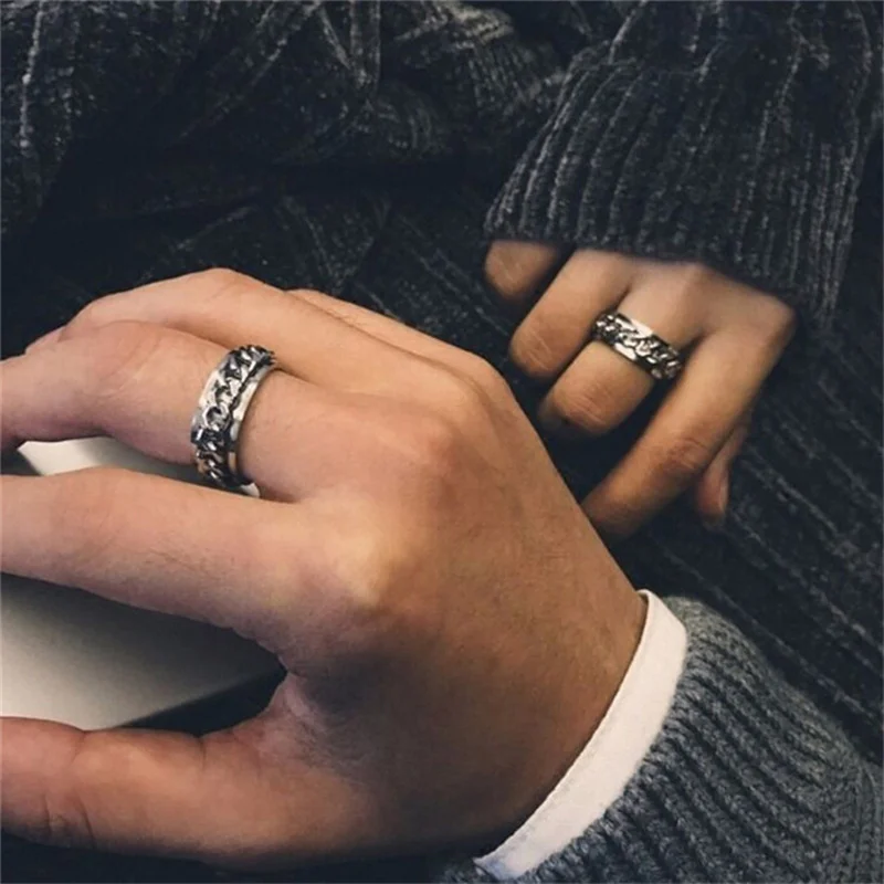 Cool Anti Stress Rotate Freely Chain Rings For Men Stainless Steel Anti Anxiety Relaxing Ring Fidget Metal Spinner Anillo Hombre