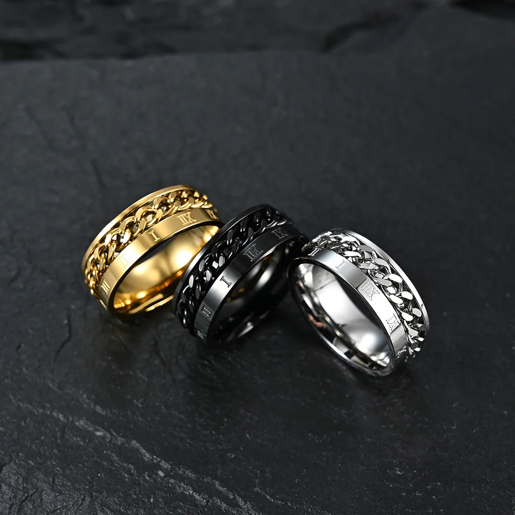Cool Anti Stress Rotate Freely Chain Rings For Men Stainless Steel Anti Anxiety Relaxing Ring Fidget Metal Spinner Anillo Hombre