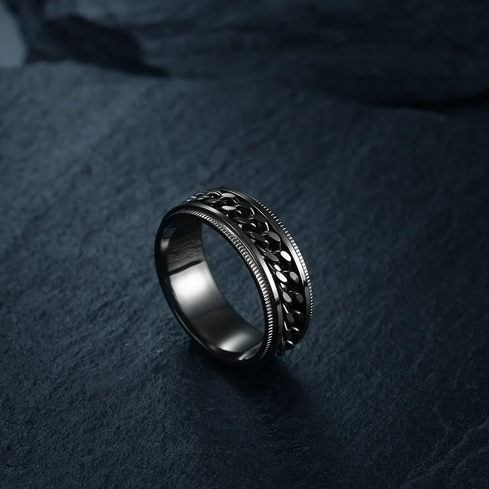 Cool Anti Stress Rotate Freely Chain Rings For Men Stainless Steel Anti Anxiety Relaxing Ring Fidget Metal Spinner Anillo Hombre