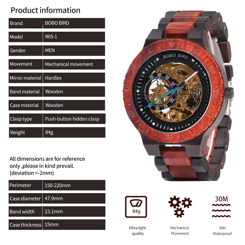 BOBO BIRD Wood Mechanical Watch Men Relogio Masculino Big Mens Watches Top Brand Luxury Timepieces erkek kol saati Dropshipping