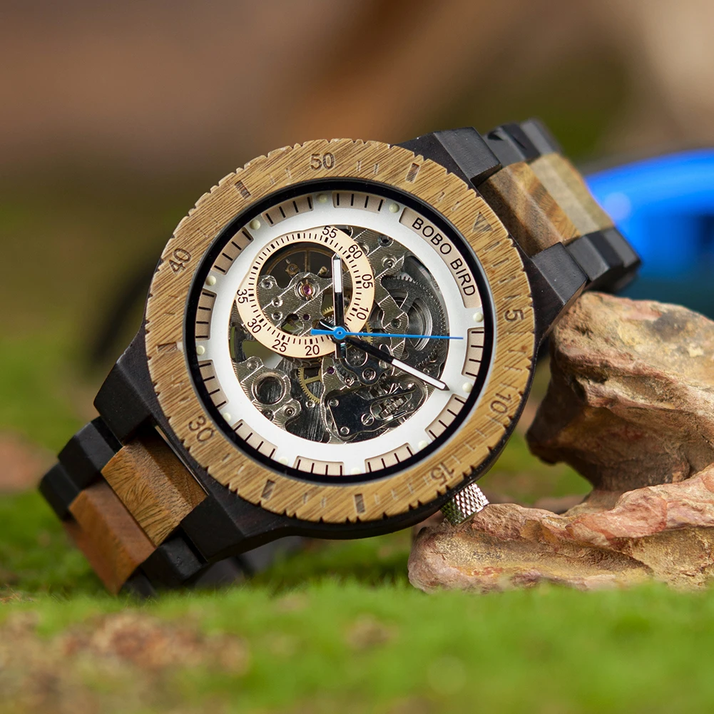 BOBO BIRD Wood Mechanical Watch Men Relogio Masculino Big Mens Watches Top Brand Luxury Timepieces erkek kol saati Dropshipping