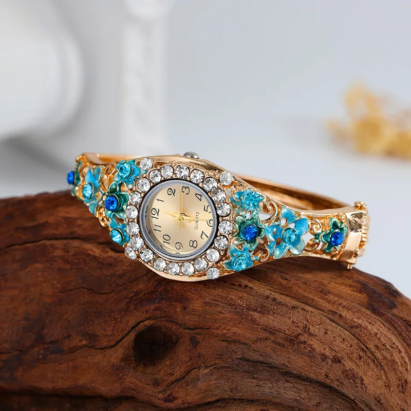 Women's Watches Stainless Steel Rhinestone Quartz Watch Women Fashion Flower Vintage Bangle Elegant Wristwatch Zegarek Damski