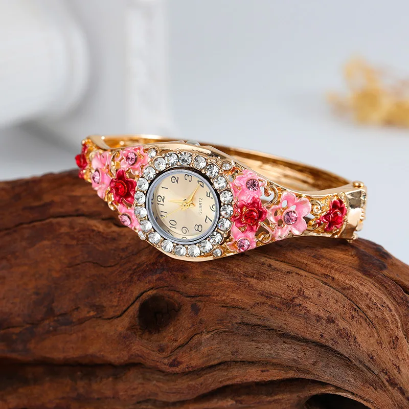 Women's Watches Stainless Steel Rhinestone Quartz Watch Women Fashion Flower Vintage Bangle Elegant Wristwatch Zegarek Damski