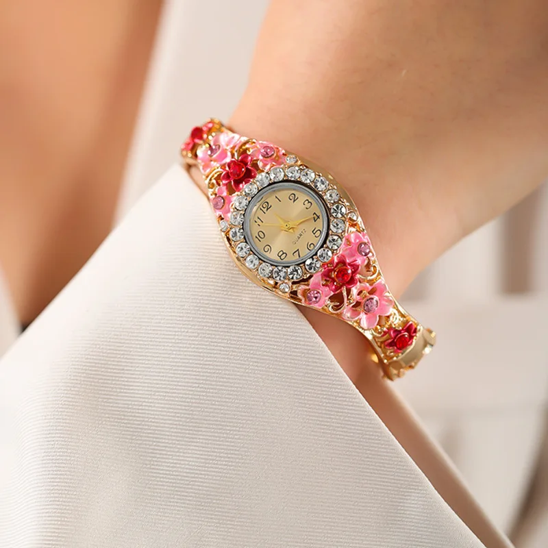 Women's Watches Stainless Steel Rhinestone Quartz Watch Women Fashion Flower Vintage Bangle Elegant Wristwatch Zegarek Damski