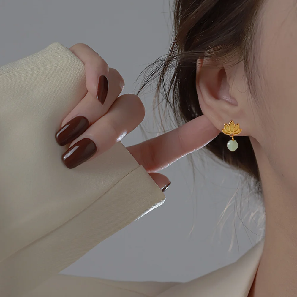 CIAXY Silver Color Hetian Jade Lotus Earrings Female Exquisite National Style Retro Round Stone Lotus Ear Stud Jewelry