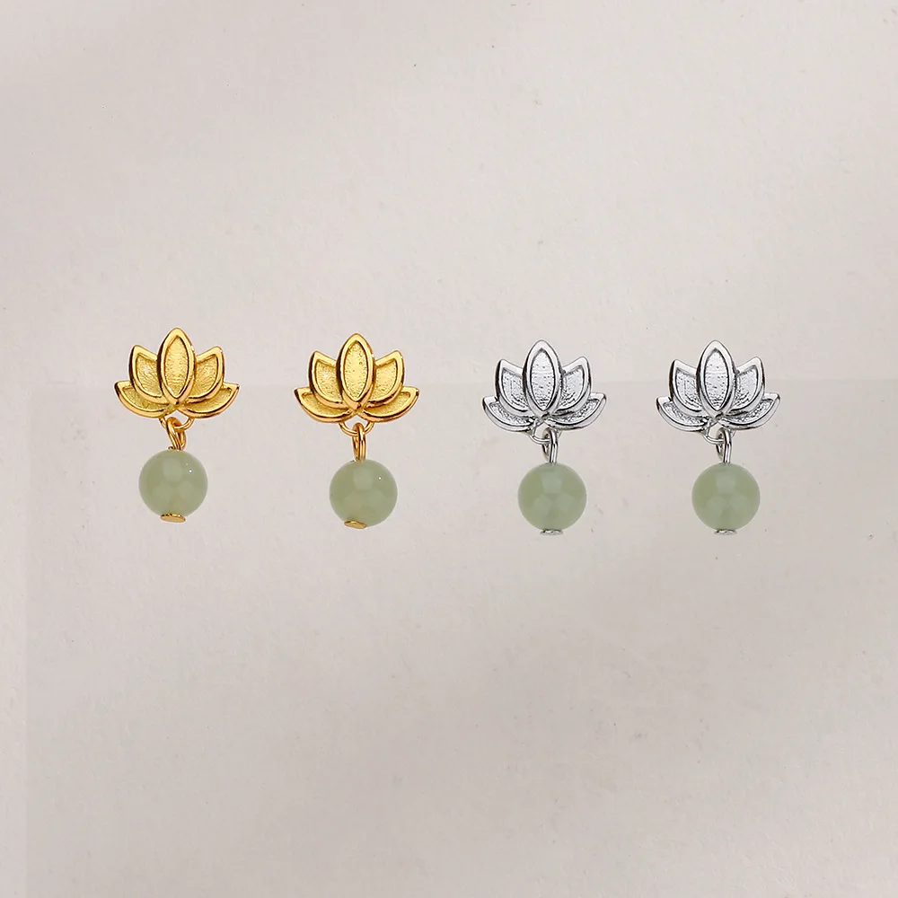 CIAXY Silver Color Hetian Jade Lotus Earrings Female Exquisite National Style Retro Round Stone Lotus Ear Stud Jewelry