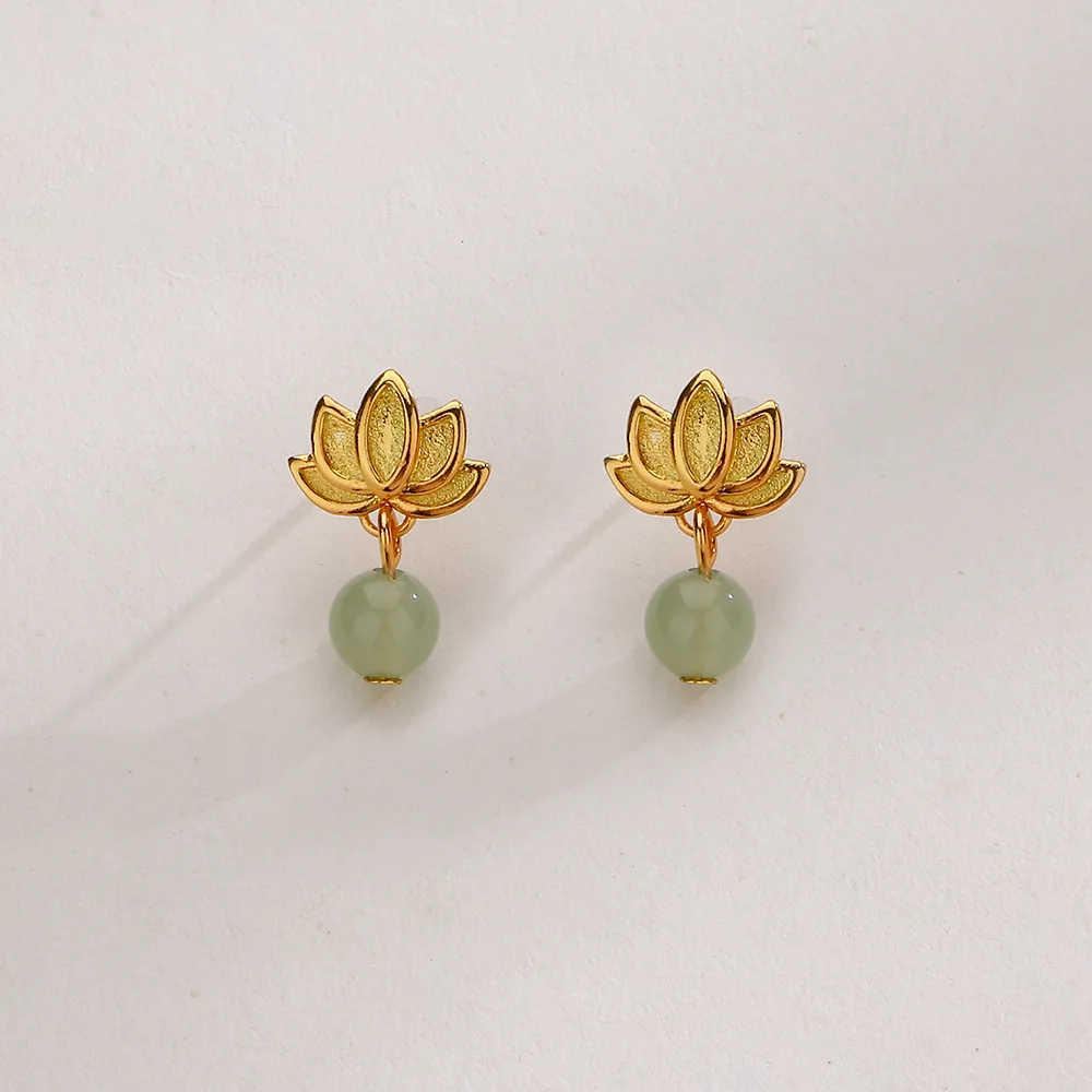 CIAXY Silver Color Hetian Jade Lotus Earrings Female Exquisite National Style Retro Round Stone Lotus Ear Stud Jewelry