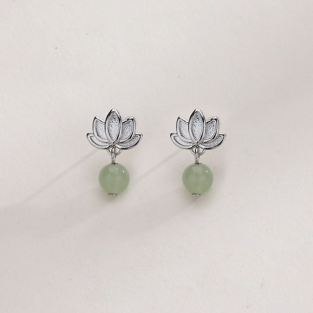 CIAXY Silver Color Hetian Jade Lotus Earrings Female Exquisite National Style Retro Round Stone Lotus Ear Stud Jewelry