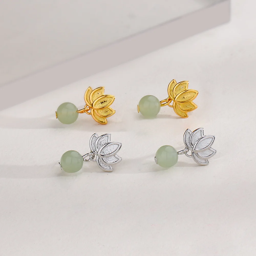 CIAXY Silver Color Hetian Jade Lotus Earrings Female Exquisite National Style Retro Round Stone Lotus Ear Stud Jewelry