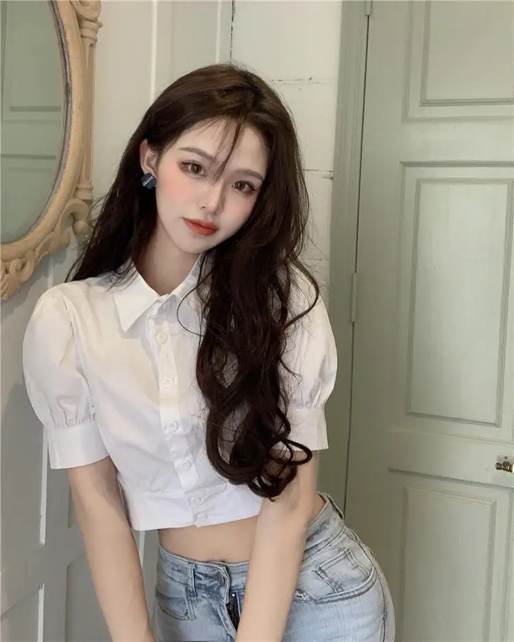 Korean Summer Puff sleeve White Shirt Cropped Women Elegant Youth Collar Blouses Clothes Preppy Short sleeve Cute Top