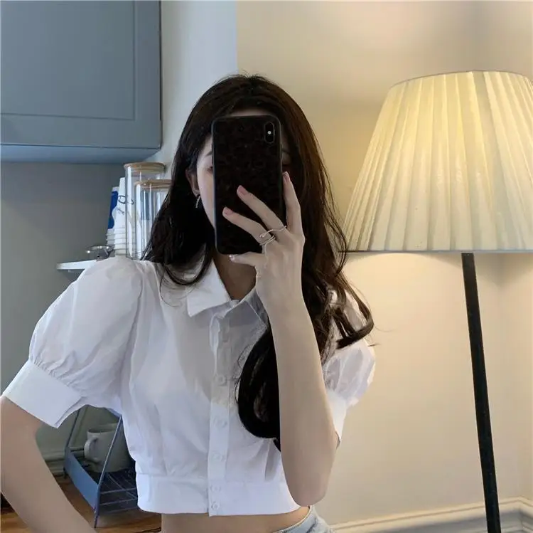 Korean Summer Puff sleeve White Shirt Cropped Women Elegant Youth Collar Blouses Clothes Preppy Short sleeve Cute Top