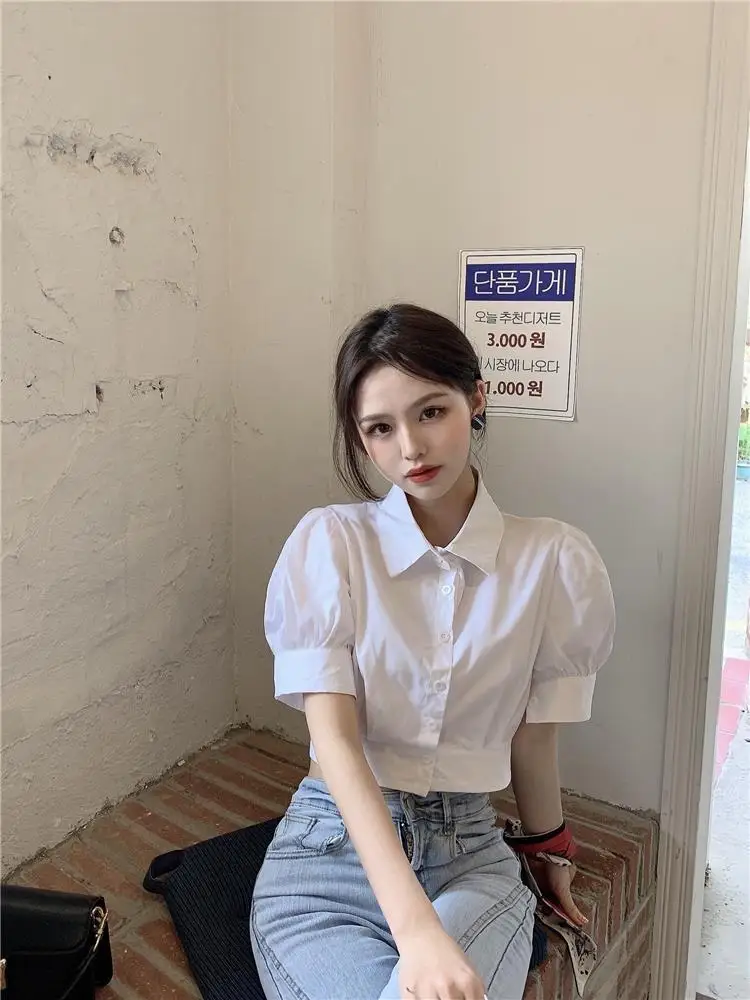 Korean Summer Puff sleeve White Shirt Cropped Women Elegant Youth Collar Blouses Clothes Preppy Short sleeve Cute Top