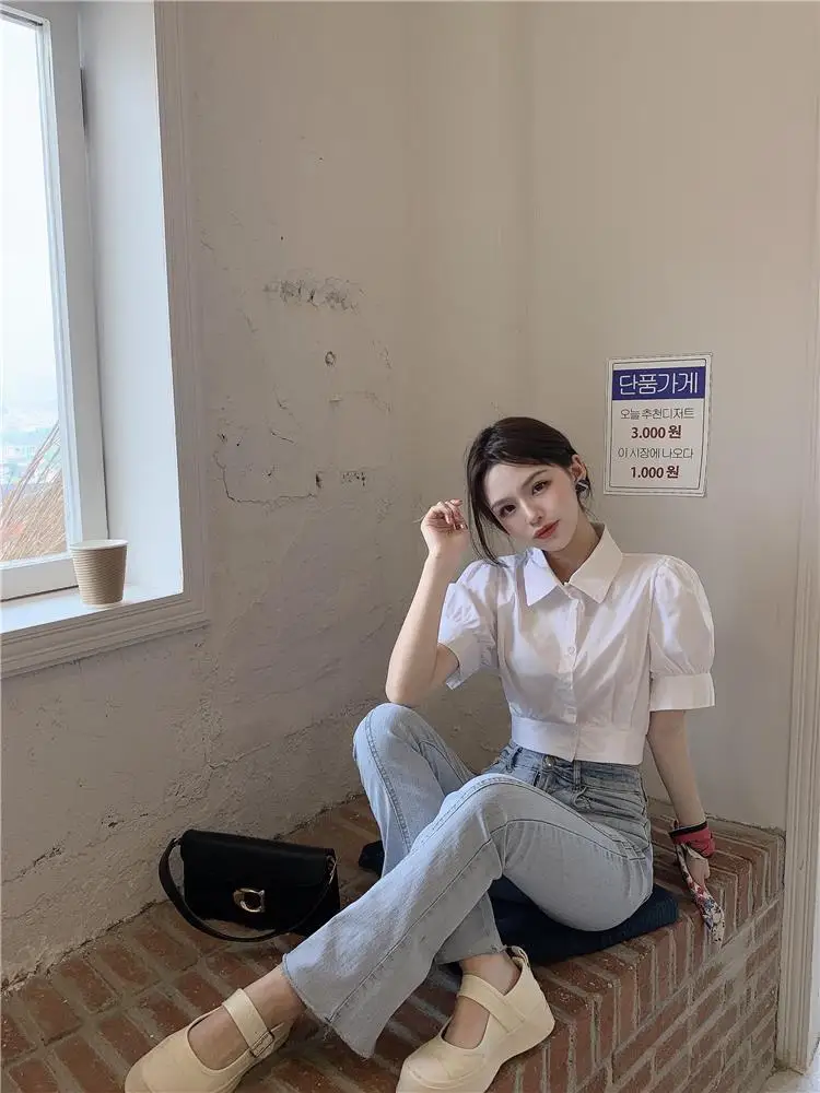 Korean Summer Puff sleeve White Shirt Cropped Women Elegant Youth Collar Blouses Clothes Preppy Short sleeve Cute Top
