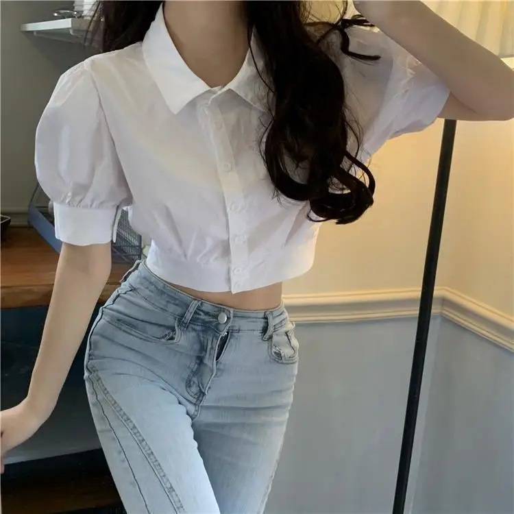 Korean Summer Puff sleeve White Shirt Cropped Women Elegant Youth Collar Blouses Clothes Preppy Short sleeve Cute Top