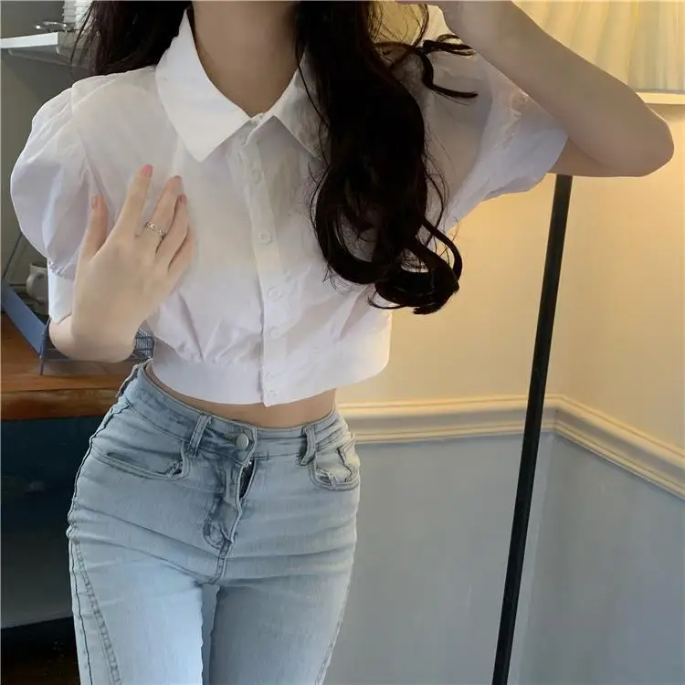 Korean Summer Puff sleeve White Shirt Cropped Women Elegant Youth Collar Blouses Clothes Preppy Short sleeve Cute Top