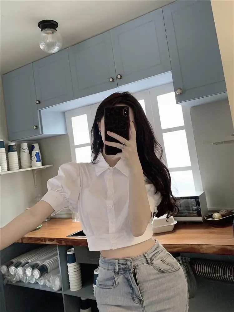Korean Summer Puff sleeve White Shirt Cropped Women Elegant Youth Collar Blouses Clothes Preppy Short sleeve Cute Top