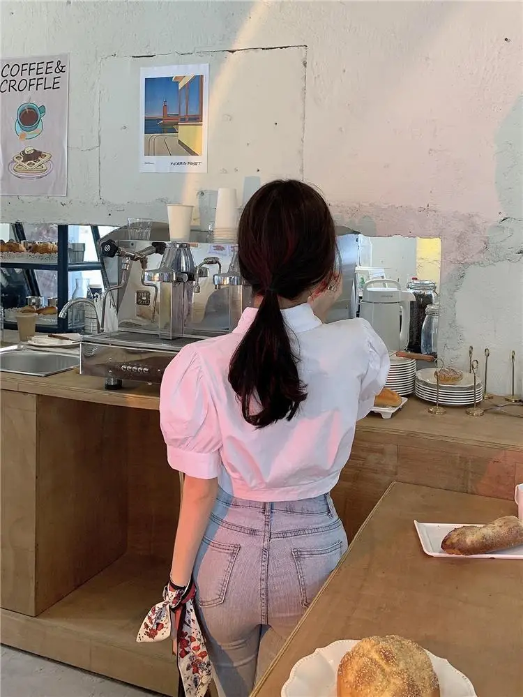 Korean Summer Puff sleeve White Shirt Cropped Women Elegant Youth Collar Blouses Clothes Preppy Short sleeve Cute Top