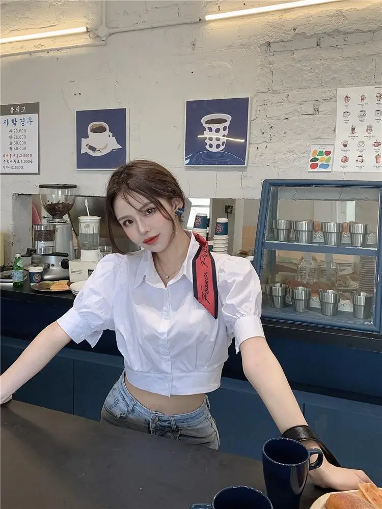 Korean Summer Puff sleeve White Shirt Cropped Women Elegant Youth Collar Blouses Clothes Preppy Short sleeve Cute Top