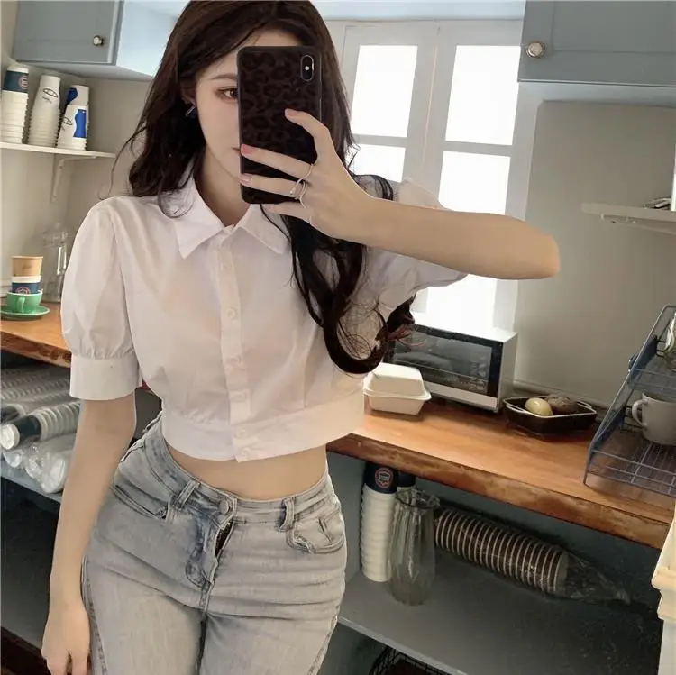 Korean Summer Puff sleeve White Shirt Cropped Women Elegant Youth Collar Blouses Clothes Preppy Short sleeve Cute Top