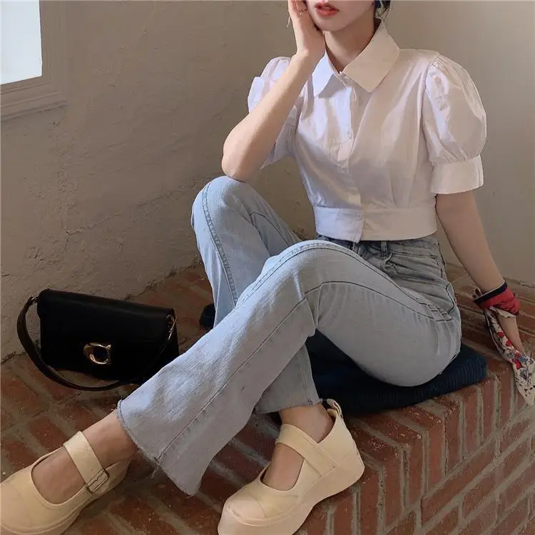 Korean Summer Puff sleeve White Shirt Cropped Women Elegant Youth Collar Blouses Clothes Preppy Short sleeve Cute Top