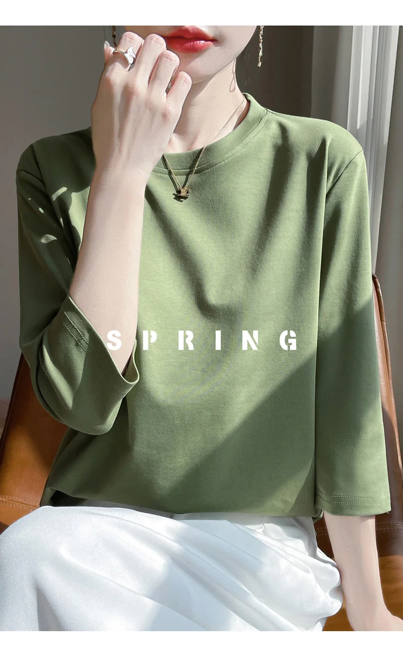 Mercerized Cotton Cropped Sleeve Female Spring And Summer 2023 New Round Neck Loose 100% Cotton Short Sleeve Bottoming T-Shirt