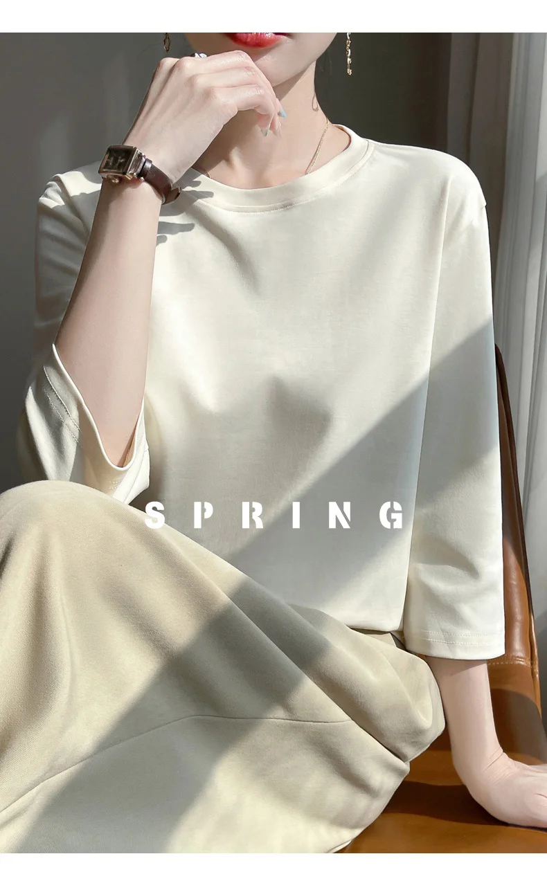 Mercerized Cotton Cropped Sleeve Female Spring And Summer 2023 New Round Neck Loose 100% Cotton Short Sleeve Bottoming T-Shirt