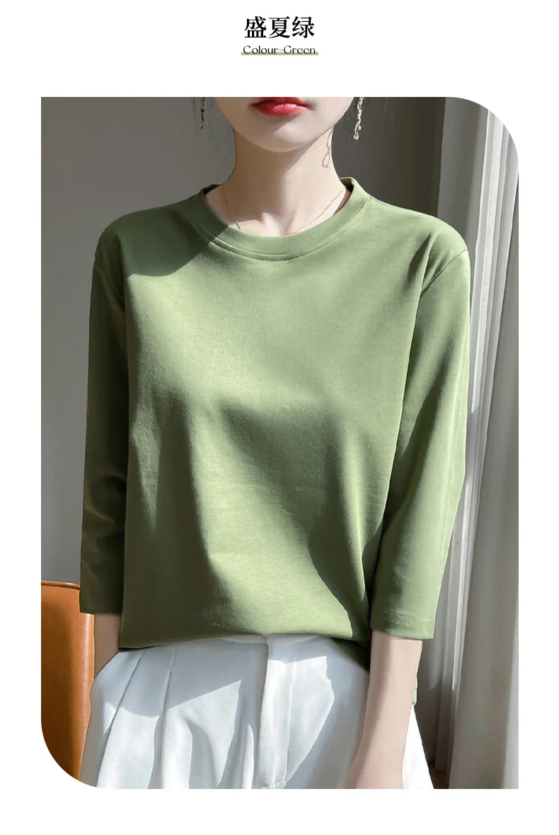 Mercerized Cotton Cropped Sleeve Female Spring And Summer 2023 New Round Neck Loose 100% Cotton Short Sleeve Bottoming T-Shirt