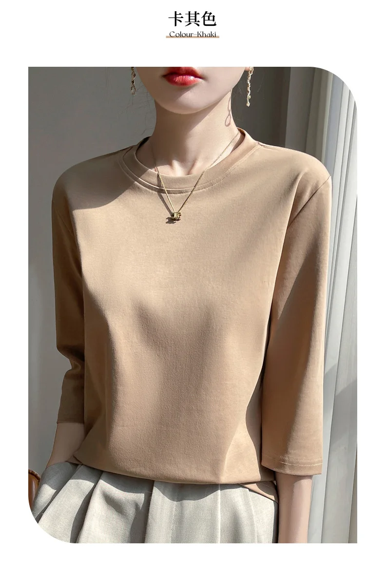 Mercerized Cotton Cropped Sleeve Female Spring And Summer 2023 New Round Neck Loose 100% Cotton Short Sleeve Bottoming T-Shirt