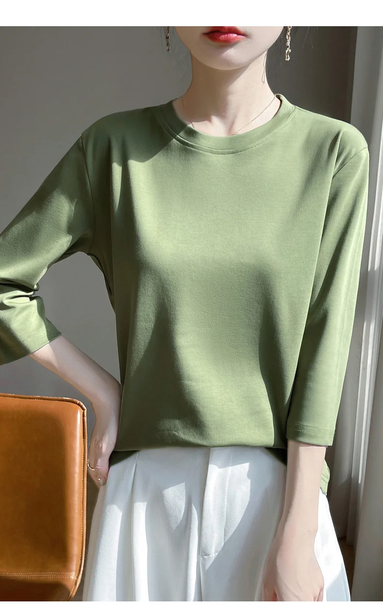 Mercerized Cotton Cropped Sleeve Female Spring And Summer 2023 New Round Neck Loose 100% Cotton Short Sleeve Bottoming T-Shirt