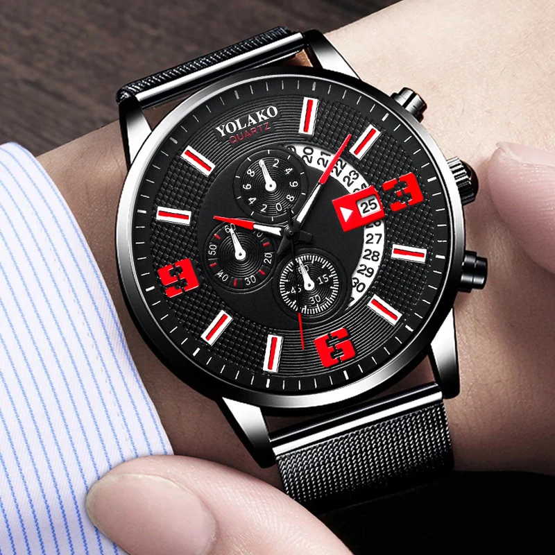 2023 Watches Mens Fashion Calendar Watch Men Business Stainless Steel Mesh Belt Quartz Wrist Watch Male Clock relogio masculino