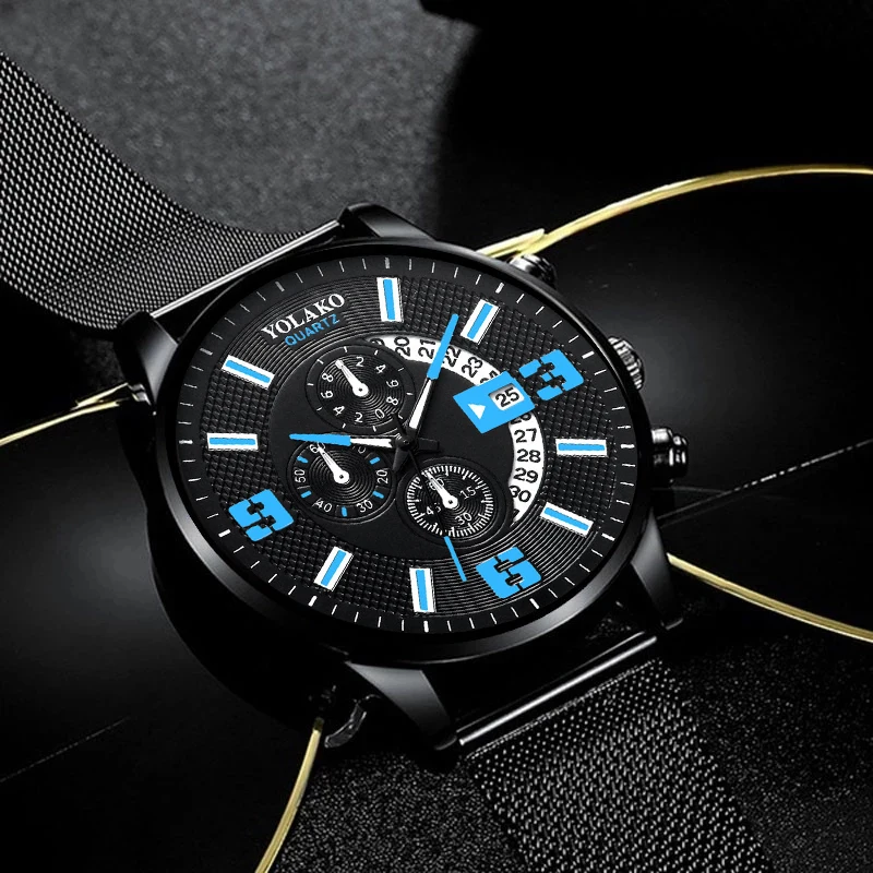 2023 Watches Mens Fashion Calendar Watch Men Business Stainless Steel Mesh Belt Quartz Wrist Watch Male Clock relogio masculino