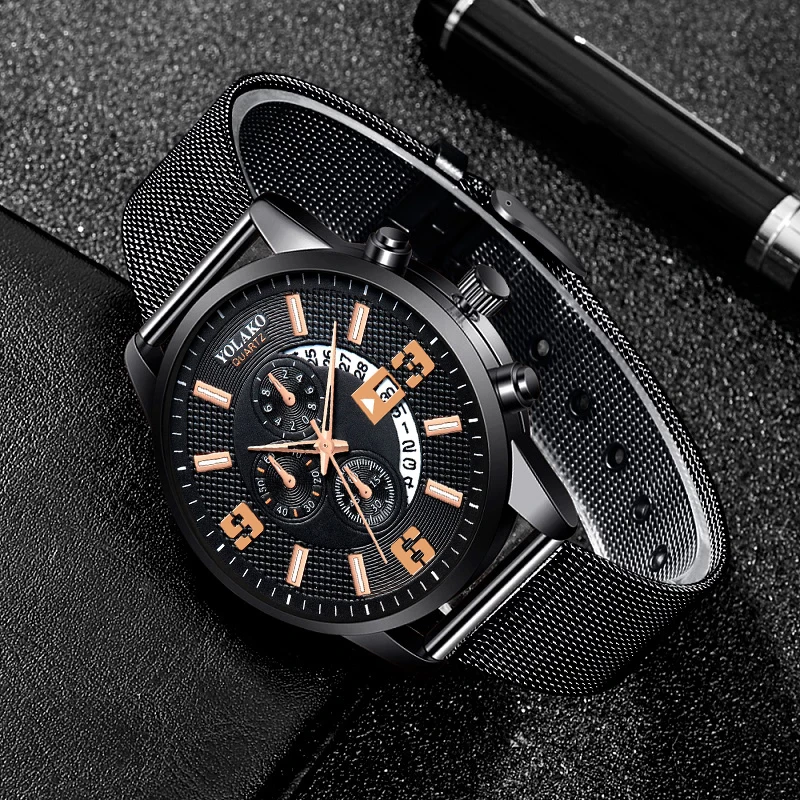 2023 Watches Mens Fashion Calendar Watch Men Business Stainless Steel Mesh Belt Quartz Wrist Watch Male Clock relogio masculino