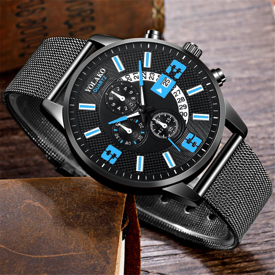 2023 Watches Mens Fashion Calendar Watch Men Business Stainless Steel Mesh Belt Quartz Wrist Watch Male Clock relogio masculino