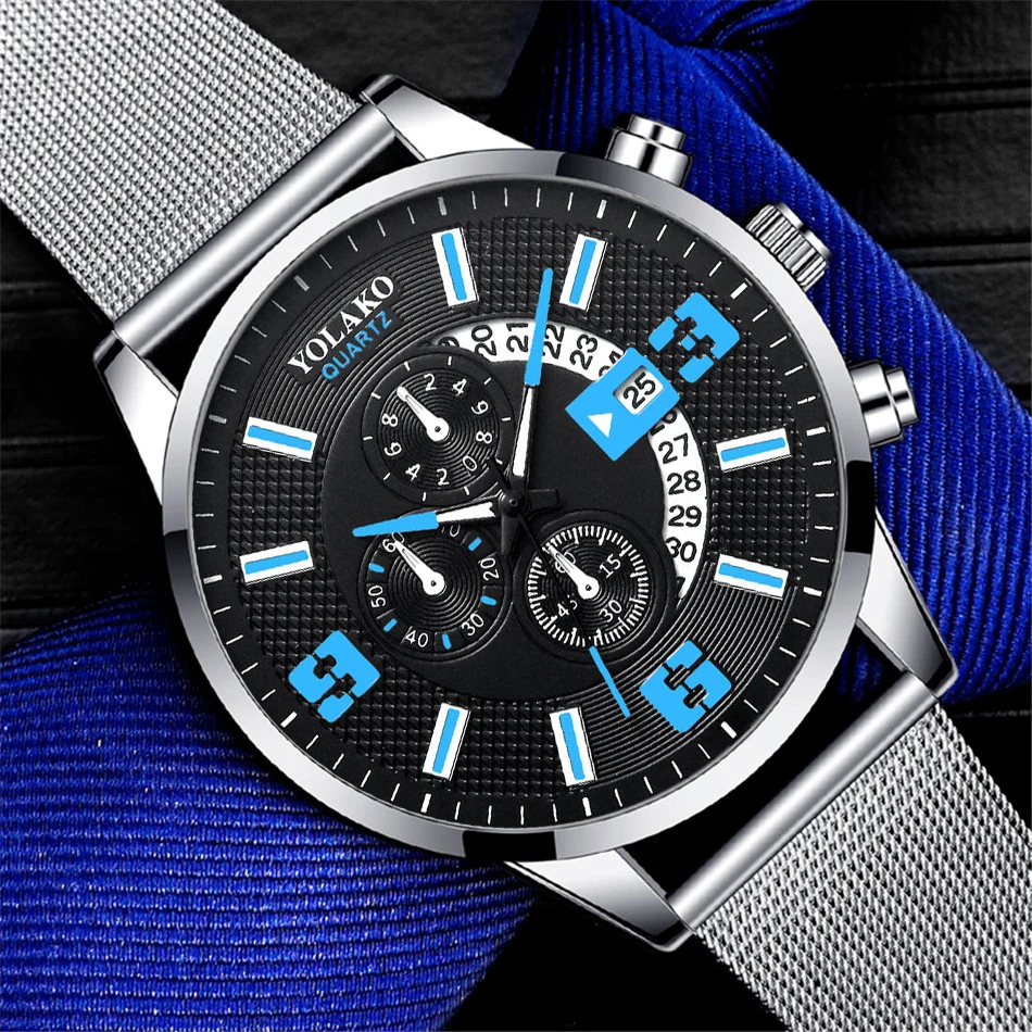 2023 Watches Mens Fashion Calendar Watch Men Business Stainless Steel Mesh Belt Quartz Wrist Watch Male Clock relogio masculino
