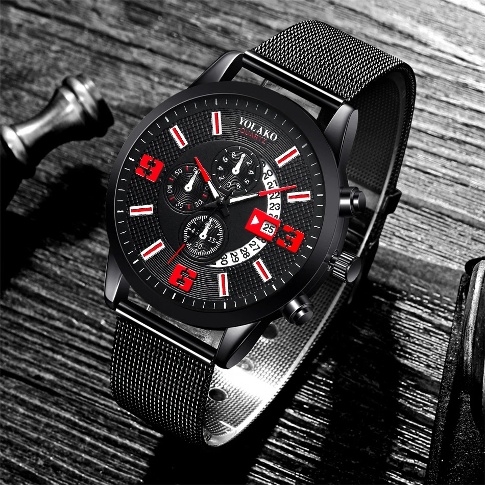 2023 Watches Mens Fashion Calendar Watch Men Business Stainless Steel Mesh Belt Quartz Wrist Watch Male Clock relogio masculino