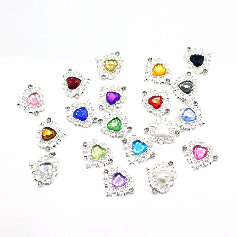 10Pcs 21 * 25mm Peach Heart Rhinestone Alloy Flower Plate Ornaments Diy Wedding Dress Gift Box Hair Decoration Accessories