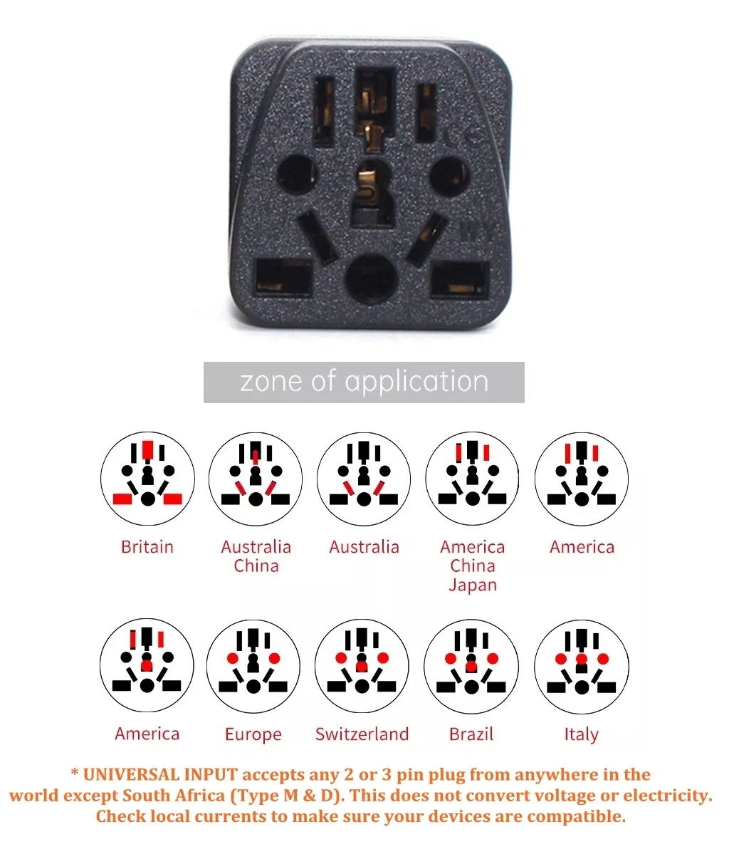 Brazil Travel Plug Adapter EU/UK/AU/CN/JP/Asia/Italy to Brazil (Type N), 3 Prong Grounded Brazil Wall Plug international