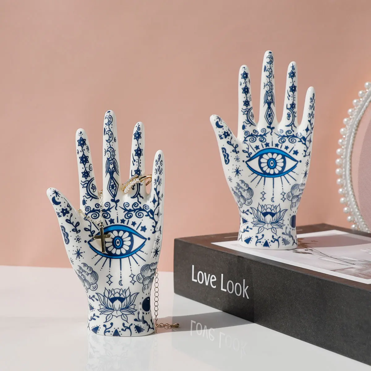 SIQIZHOU Devil's Eye of Fatima Jewelry Display Holde Ceramic Mannequin Hand Stand Designed for Necklaces, Bracelets, Rings