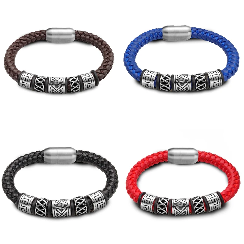 Punk Style Coffee Leather Bracelet 316L Stainless Steel 5 Viking Bead Bracelet Powerful Magnet Clasp 4 Color Friend Gifts